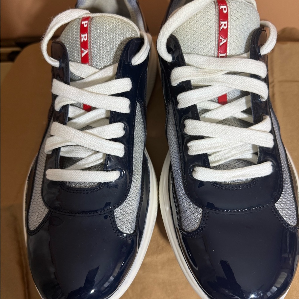 Prada Dark Blue and White Lace-Up Sneakers
